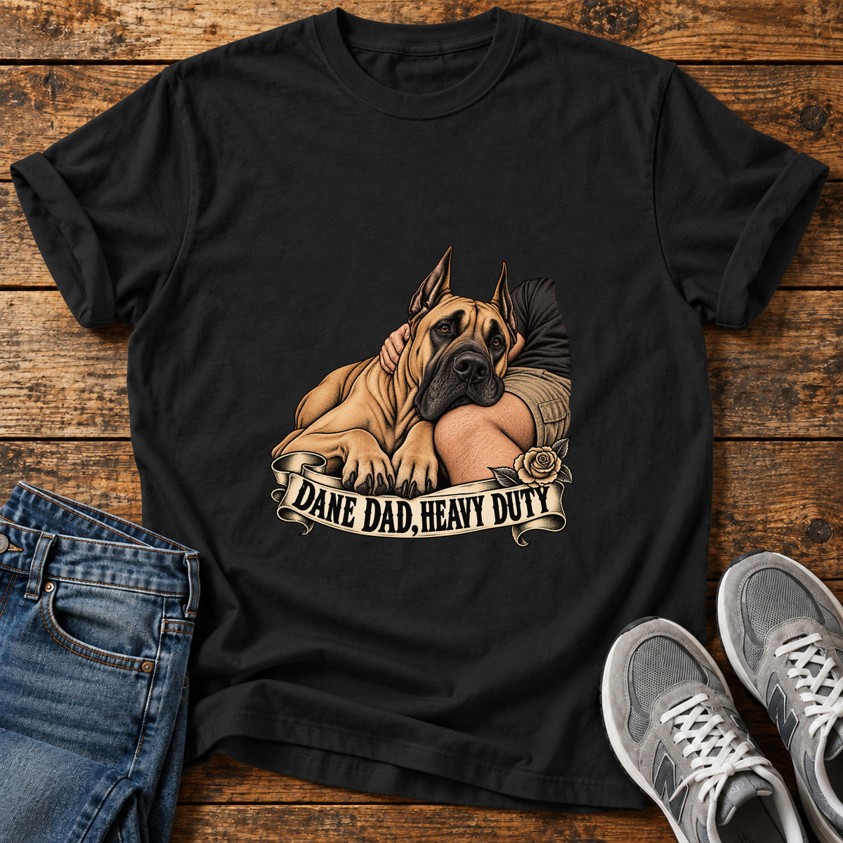 Dane Dad Duty Great Dane graphic T-shirt in Black, shown on a flat-lay shirt mockup