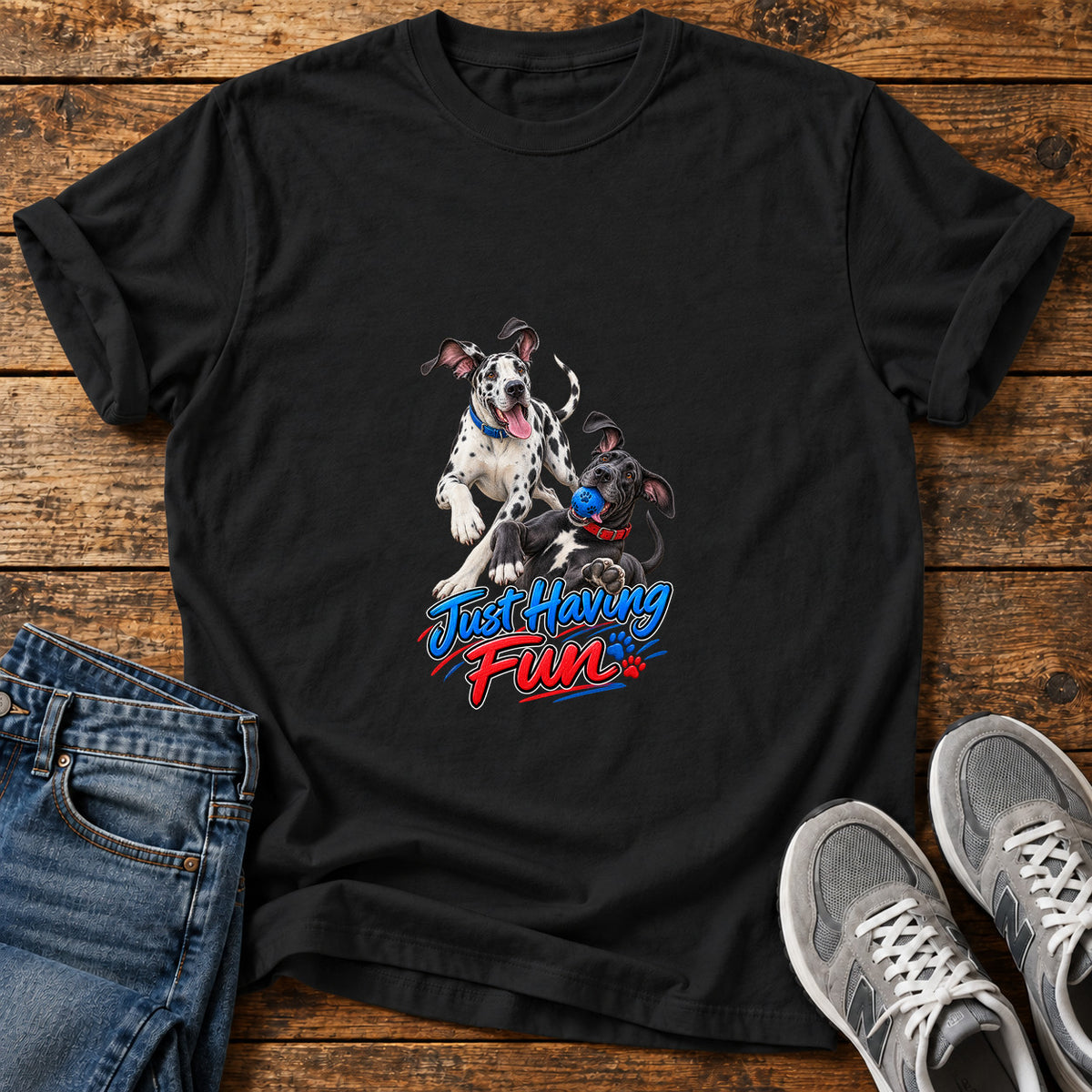 Just Having Fun Great Dane graphic T-shirt in Black, shown on a flat-lay shirt mockup