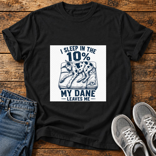 10 Percent Sleeper Great Dane graphic T-shirt in Black, shown on a flat-lay shirt mockup