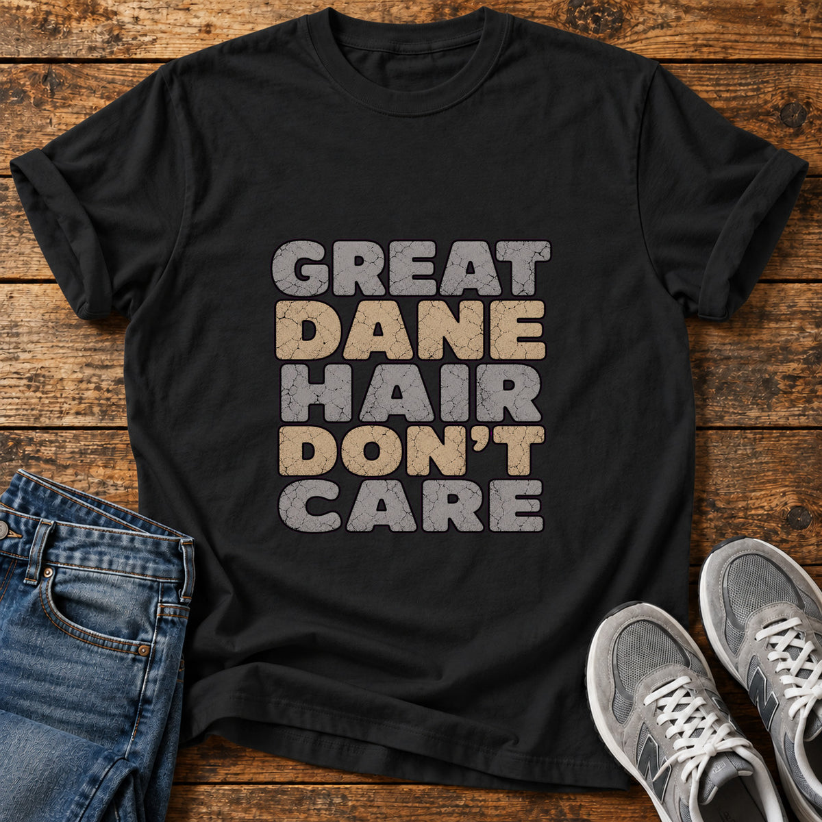 Great Dane Attitude graphic T-shirt in Black, shown on a flat-lay shirt mockup