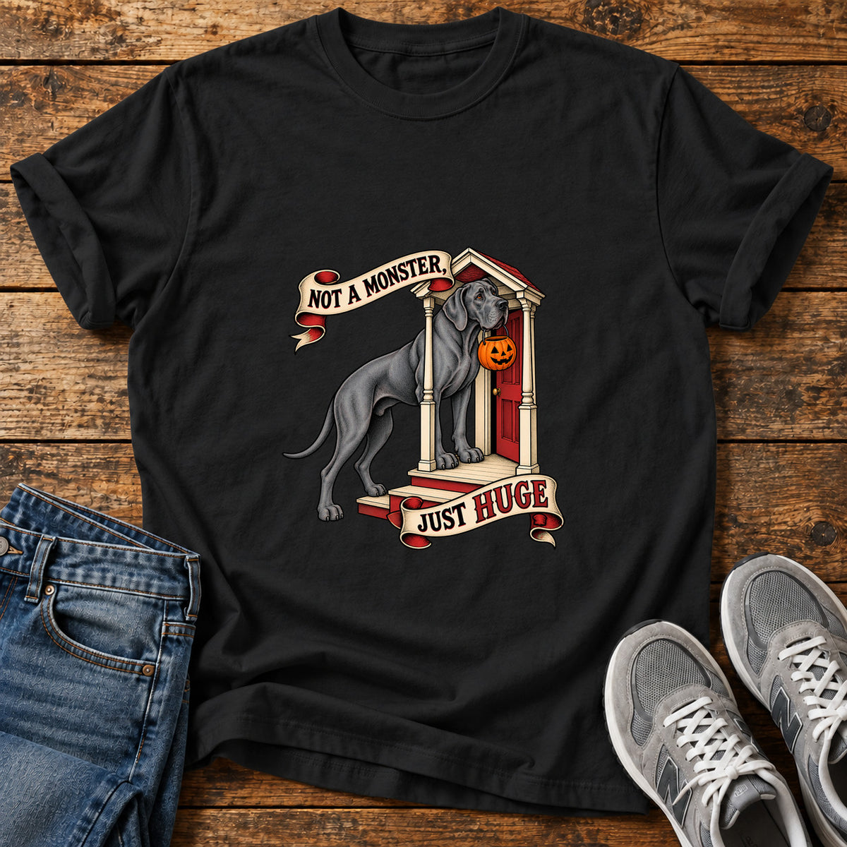 Not A Monster Great Dane graphic T-shirt in Black, shown on a flat-lay shirt mockup