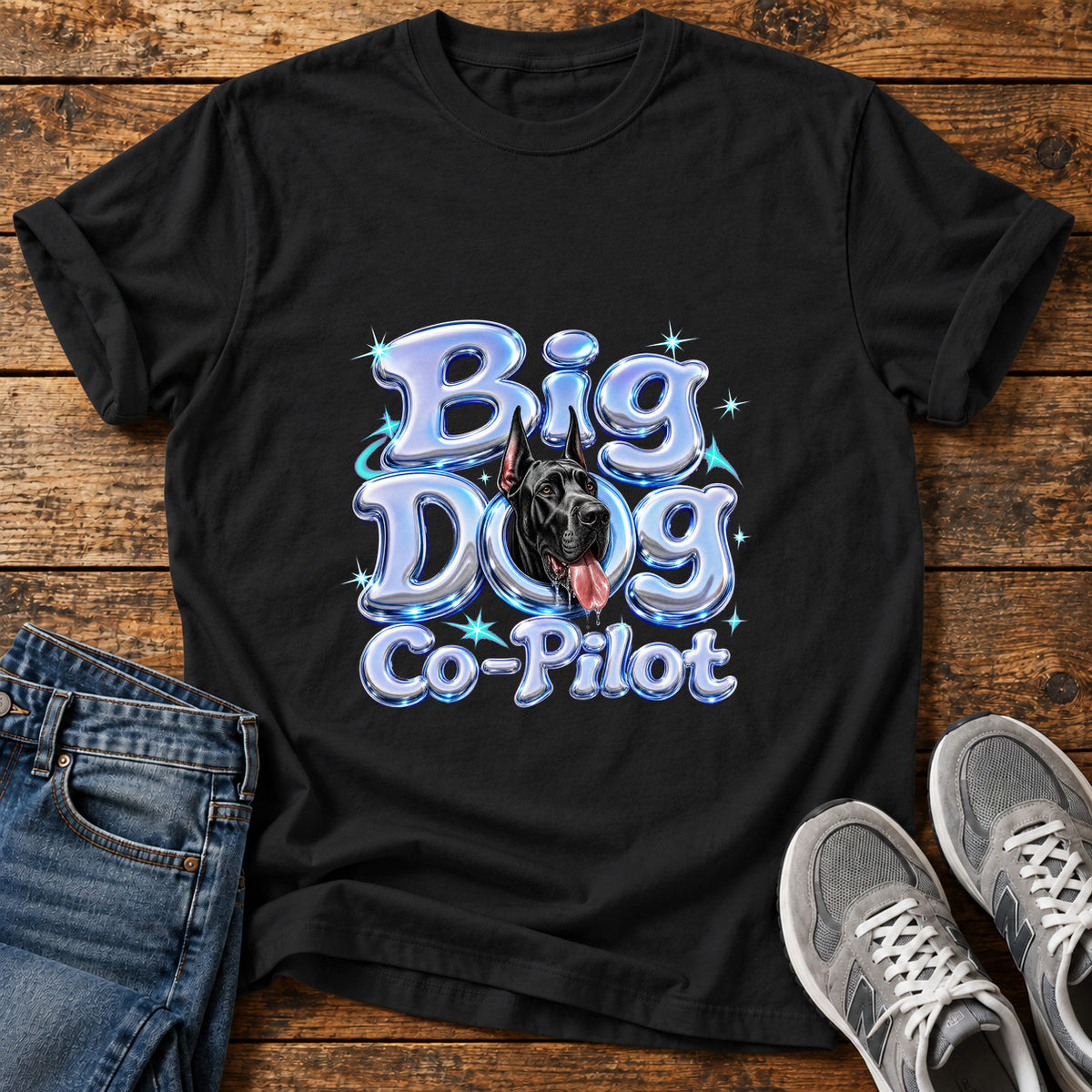 Big Dog Co-Pilot Great Dane graphic T-shirt in Black, shown on a flat-lay shirt mockup