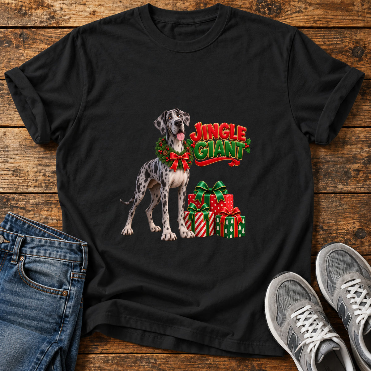 Jingle Giant Great Dane graphic T-shirt in Black, shown on a flat-lay shirt mockup