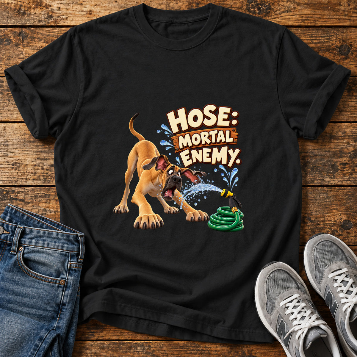 Hose Mortal Enemy Great Dane graphic T-shirt in Black, shown on a flat-lay shirt mockup