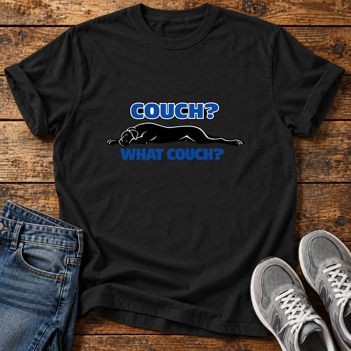 Couch What Couch Great Dane graphic T-shirt in Black, shown on a flat-lay shirt mockup