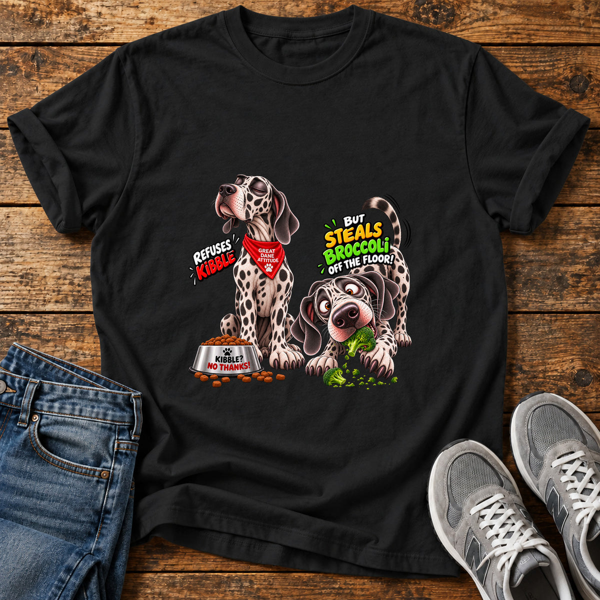 Great Dane Kibble graphic T-shirt in Black, shown on a flat-lay shirt mockup
