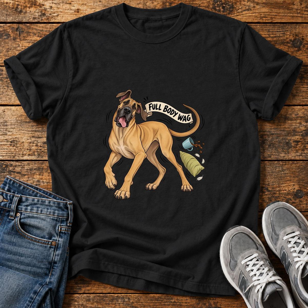 Full Body Wag Great Dane graphic T-shirt in Black, shown on a flat-lay shirt mockup