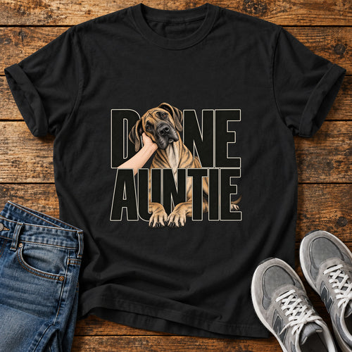 Done Auntie Great Dane graphic T-shirt in Black, shown on a flat-lay shirt mockup