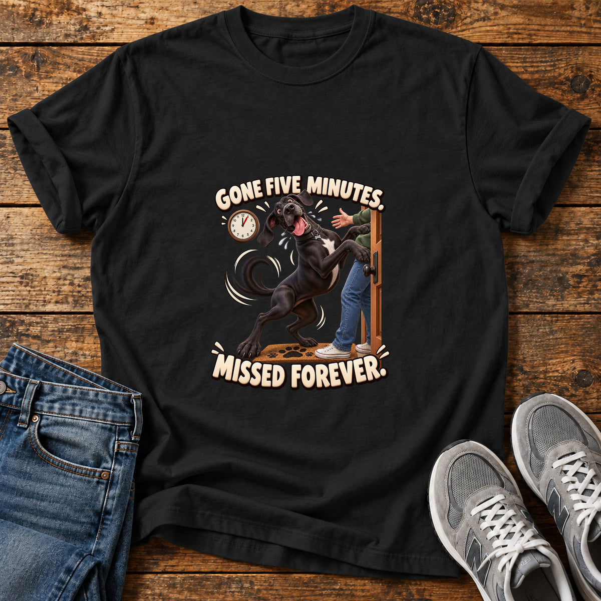 Gone Five Minutes Great Dane graphic T-shirt in Black, shown on a flat-lay shirt mockup