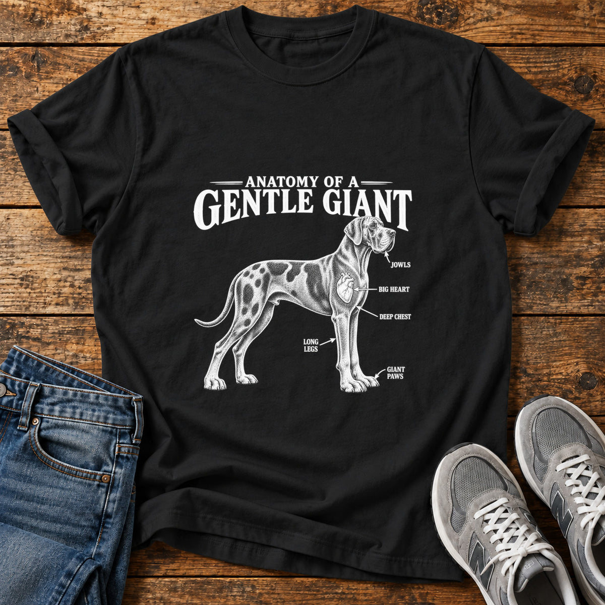 Gentle Giant Great Dane graphic T-shirt in Black, shown on a flat-lay shirt mockup