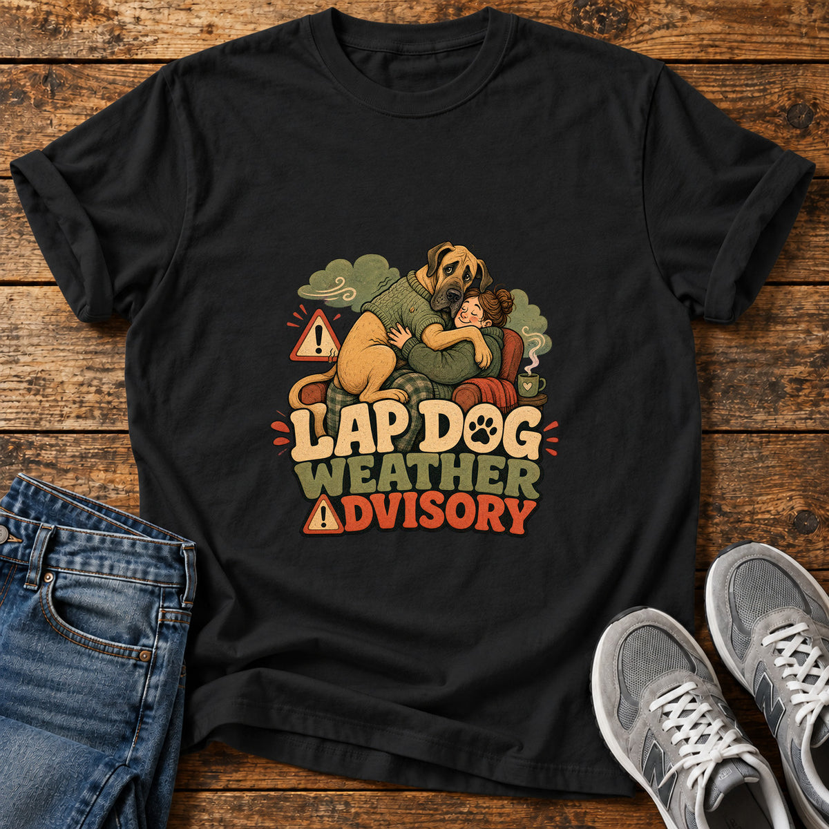Lap Dog Advisory Great Dane graphic T-shirt in Black, shown on a flat-lay shirt mockup
