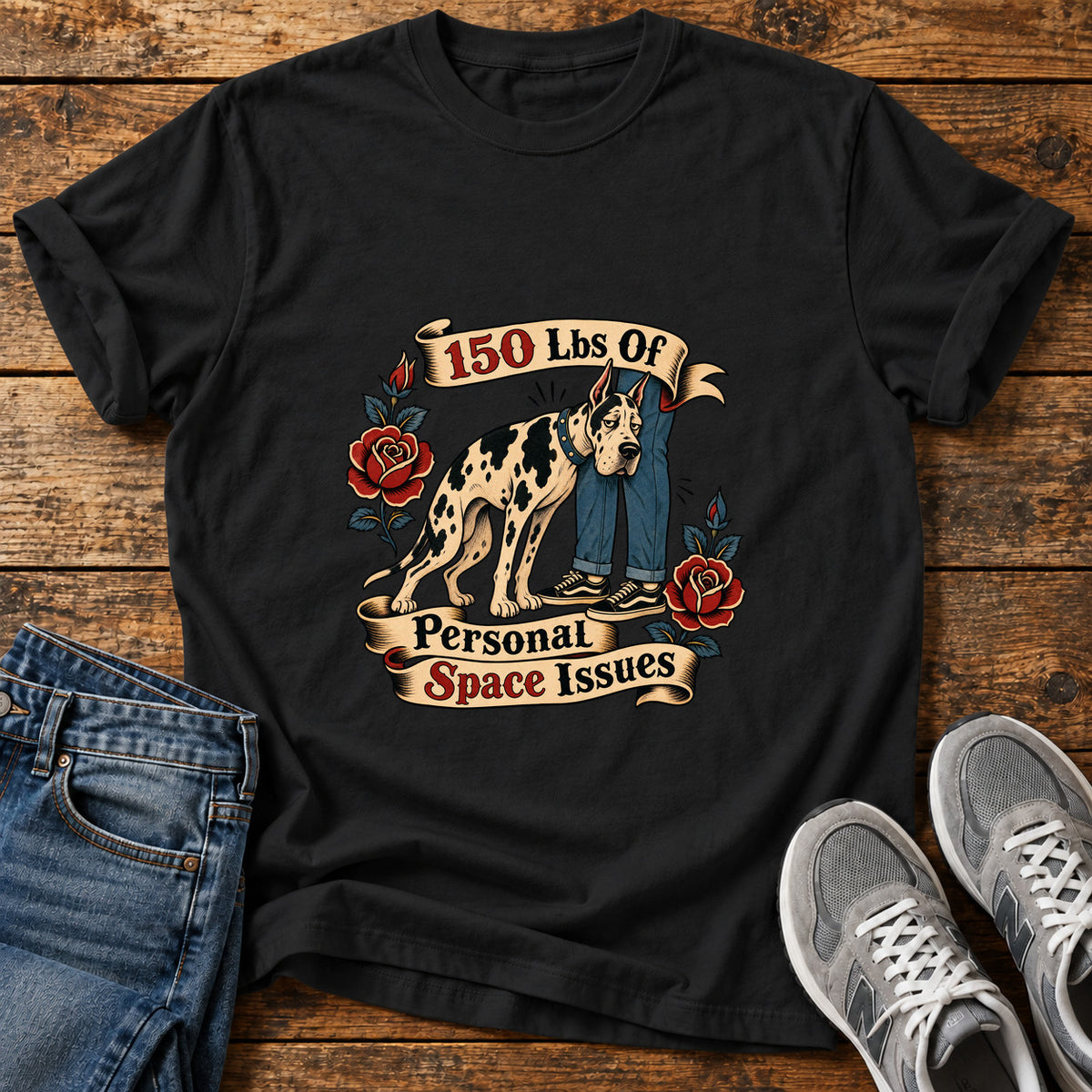 Personal Space Issues Great Dane graphic T-shirt in Black, shown on a flat-lay shirt mockup