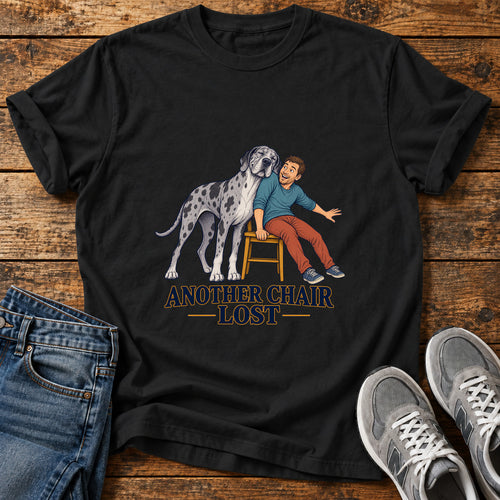 Another Chair Lost Great Dane graphic T-shirt in Black, shown on a flat-lay shirt mockup