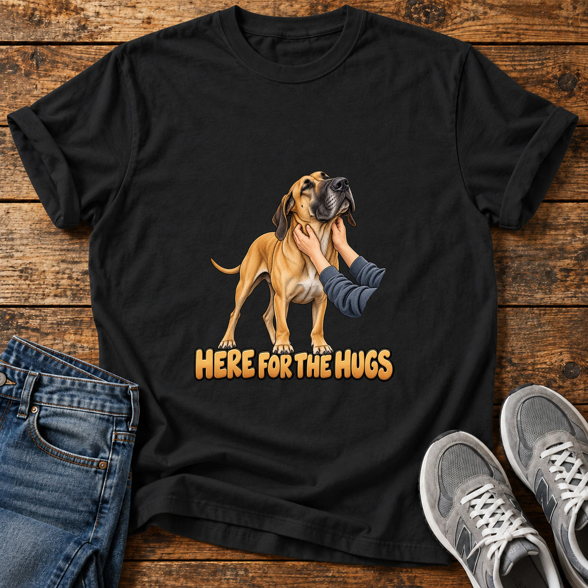 Here For Hugs Great Dane graphic T-shirt in Black, shown on a flat-lay shirt mockup