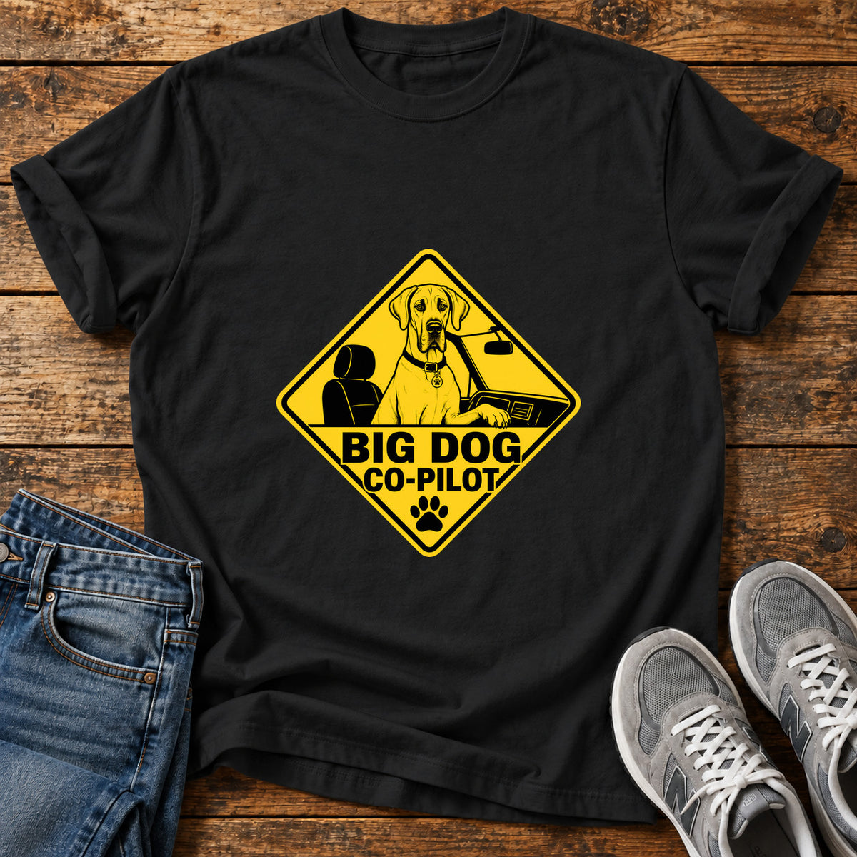 Big Dog Co-Pilot Great Dane graphic T-shirt in Black, shown on a flat-lay shirt mockup