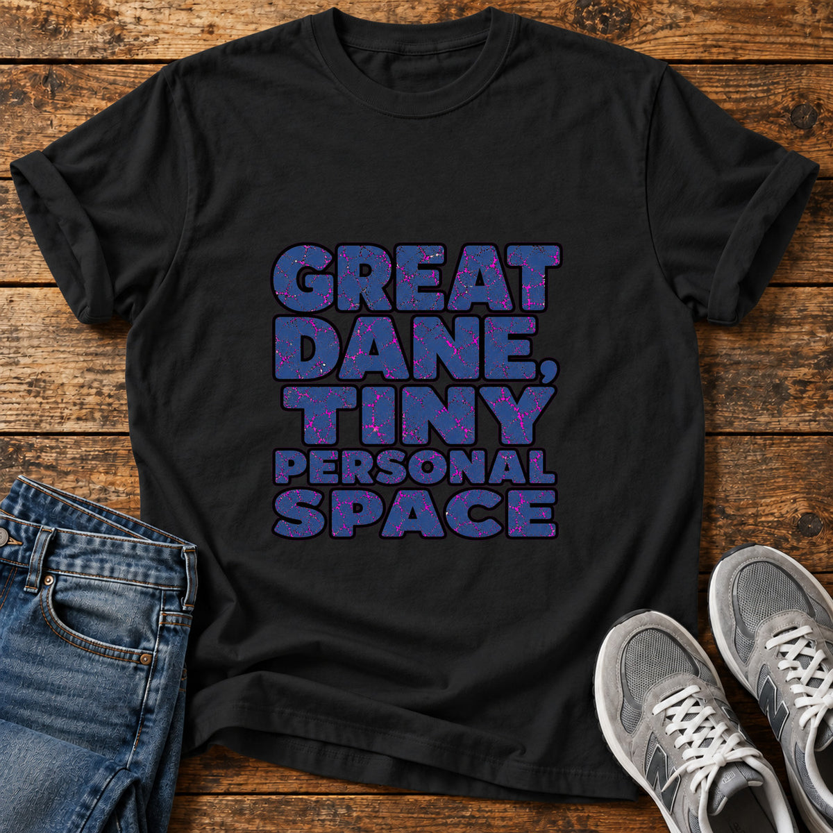 Great Dane Space graphic T-shirt in Black, shown on a flat-lay shirt mockup