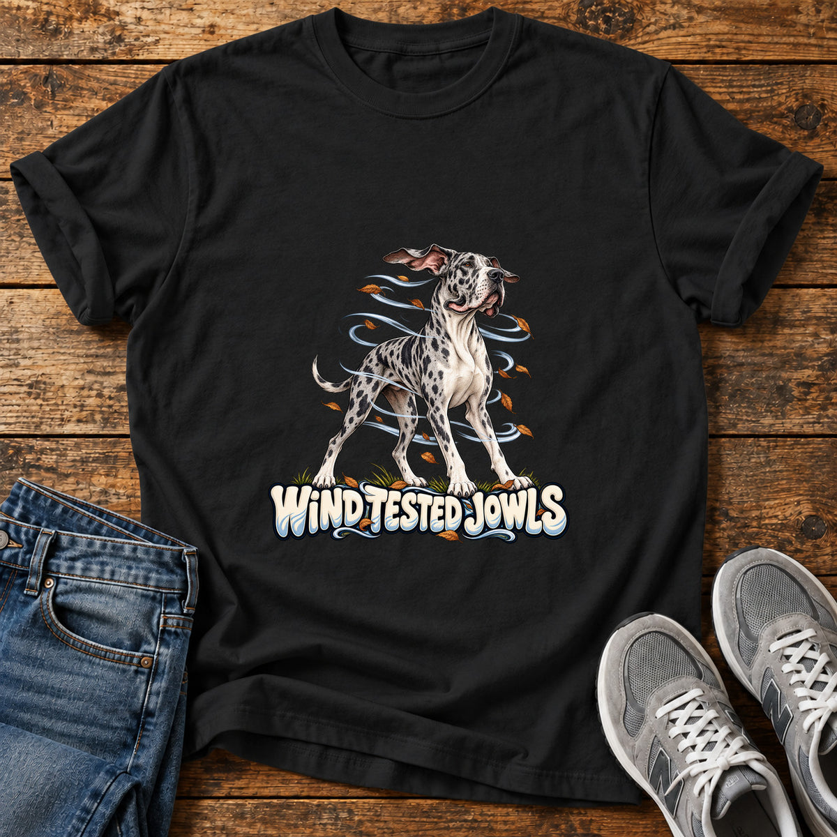 Wind Tested Jowls Great Dane graphic T-shirt in Black, shown on a flat-lay shirt mockup