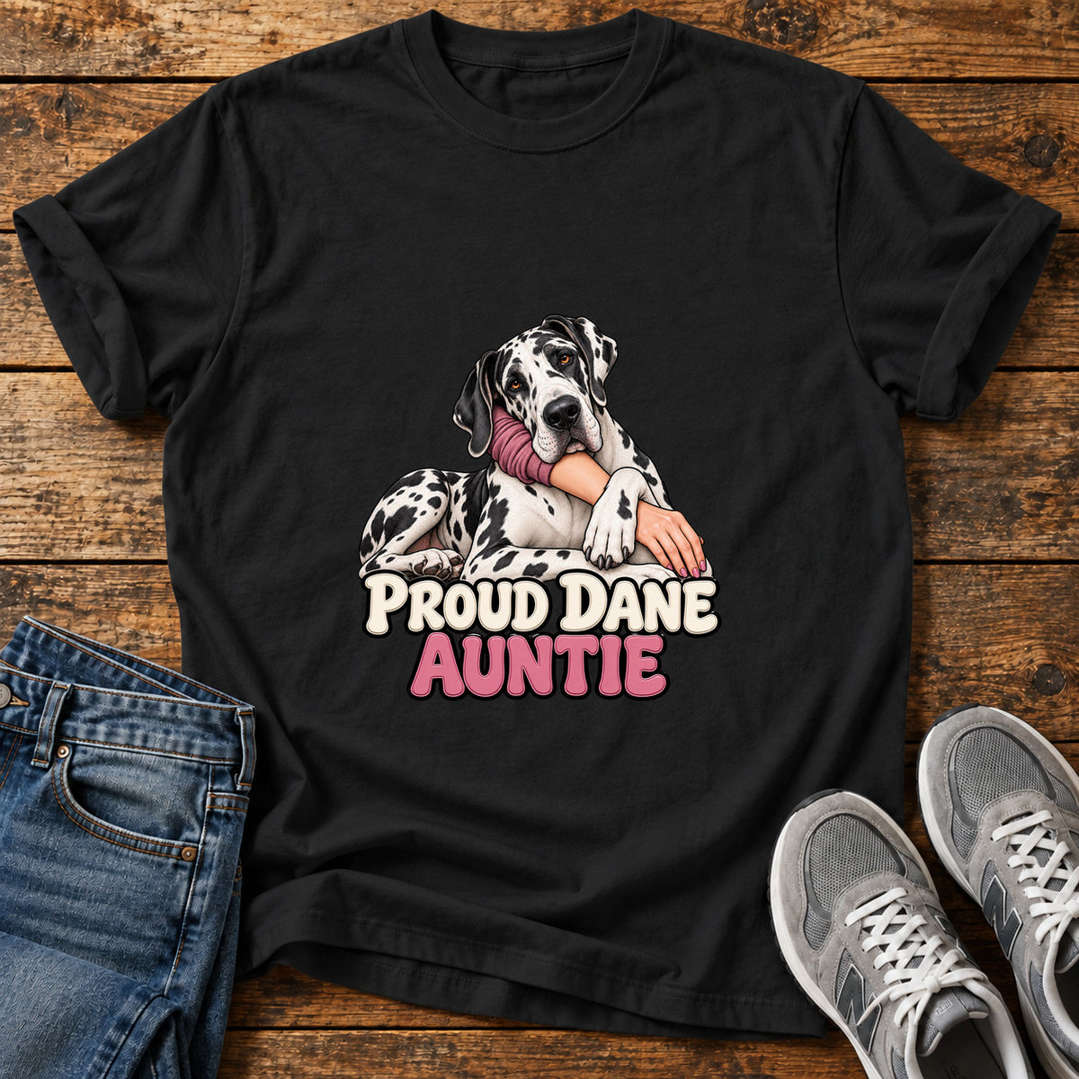Proud Dane Auntie Great Dane graphic T-shirt in Black, shown on a flat-lay shirt mockup