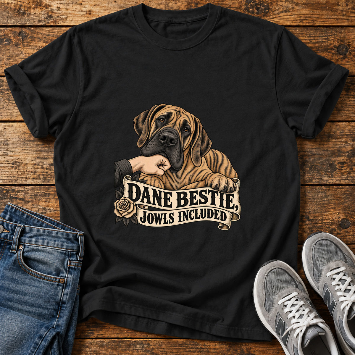 Dane Bestie Jowls Great Dane graphic T-shirt in Black, shown on a flat-lay shirt mockup