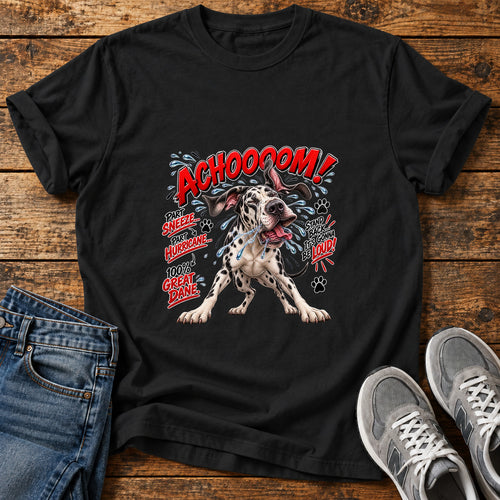 Achoo Hurricane Great Dane graphic T-shirt in Black, shown on a flat-lay shirt mockup