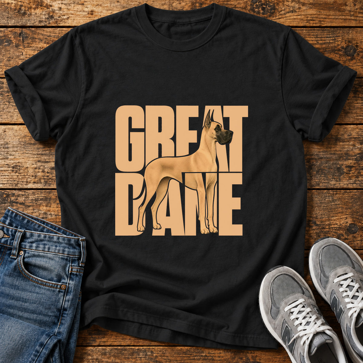 Great Dane graphic T-shirt in Black, shown on a flat-lay shirt mockup