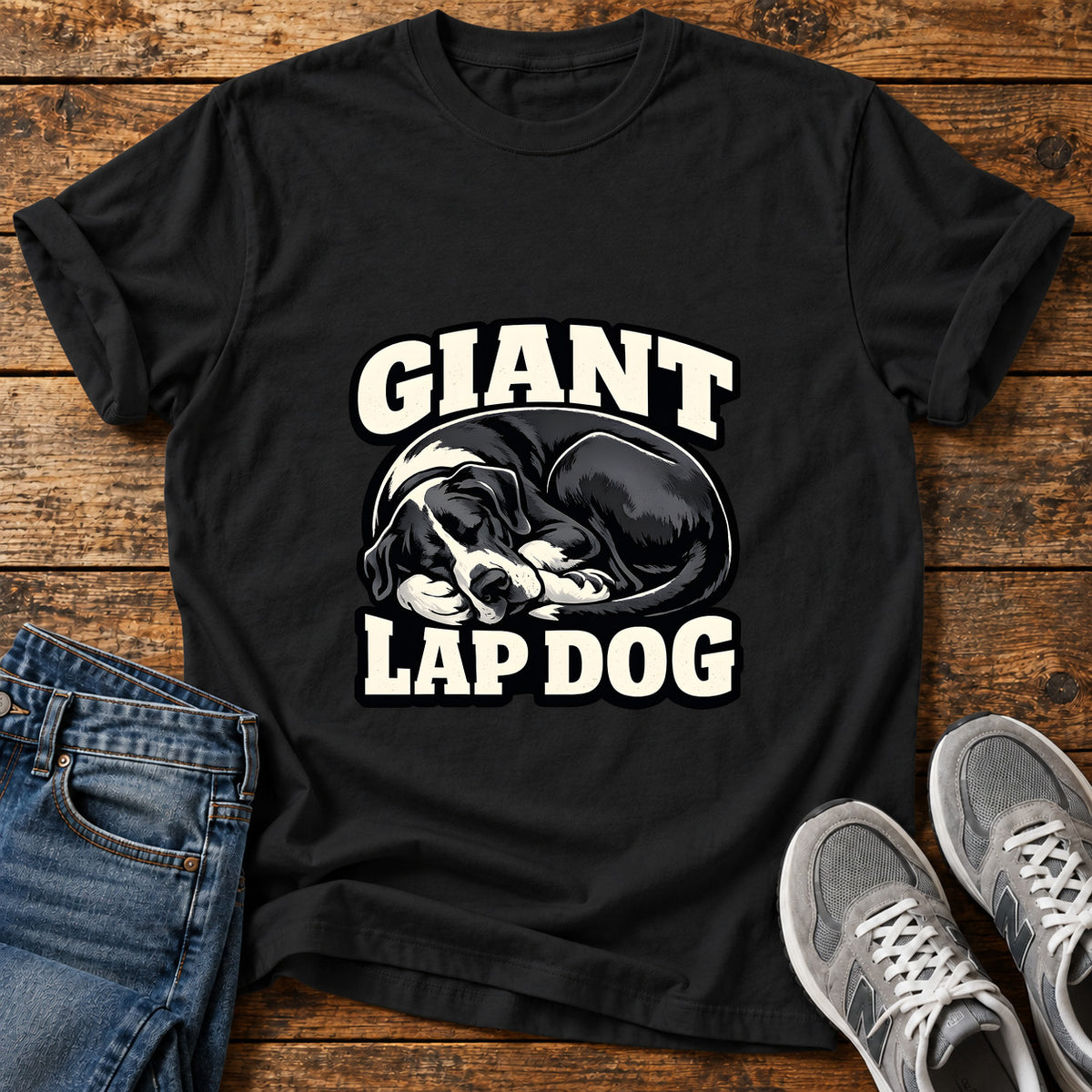 Giant Lap Dog Great Dane graphic T-shirt in Black, shown on a flat-lay shirt mockup
