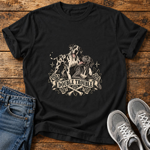 Double Trouble Great Dane graphic T-shirt in Black, shown on a flat-lay shirt mockup
