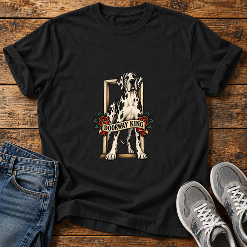 Doorway King Great Dane graphic T-shirt in Black, shown on a flat-lay shirt mockup