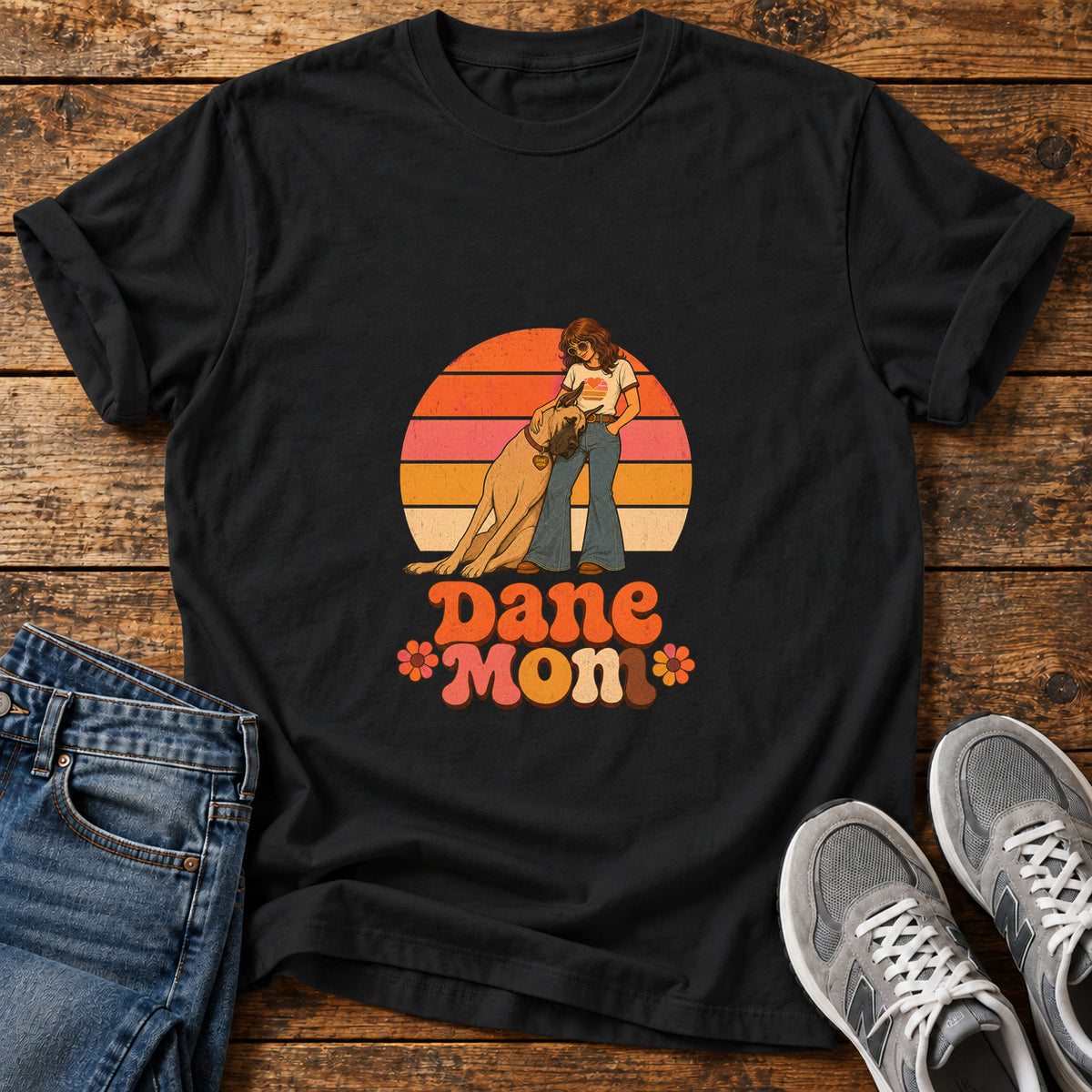 Dane Mom Great Dane graphic T-shirt in Black, shown on a flat-lay shirt mockup