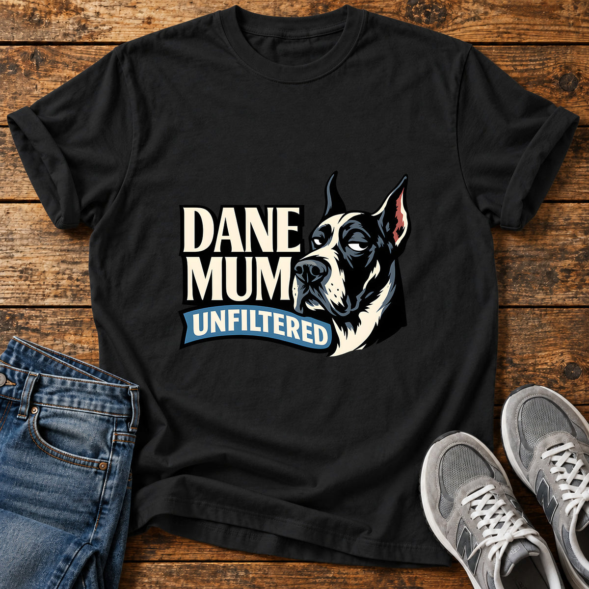 Dane Mum Unfiltered Great Dane graphic T-shirt in Black, shown on a flat-lay shirt mockup