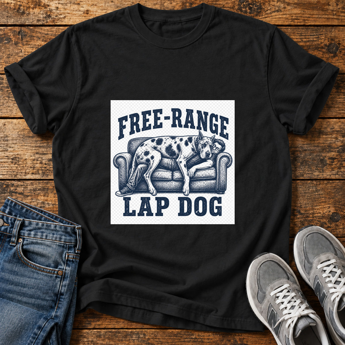 Free-Range Lap Dog Great Dane graphic T-shirt in Black, shown on a flat-lay shirt mockup
