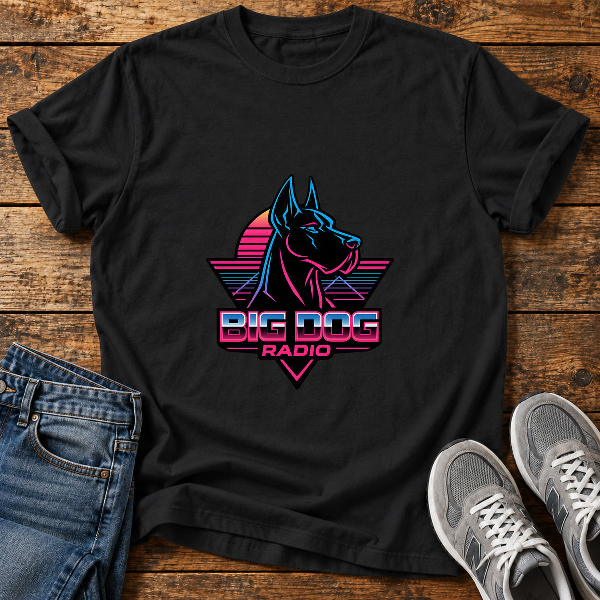 Big Dog Radio Great Dane graphic T-shirt in Black, shown on a flat-lay shirt mockup