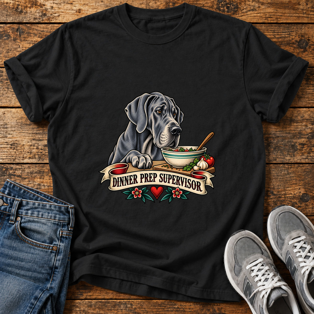 Dinner Prep Supervisor Great Dane graphic T-shirt in Black, shown on a flat-lay shirt mockup