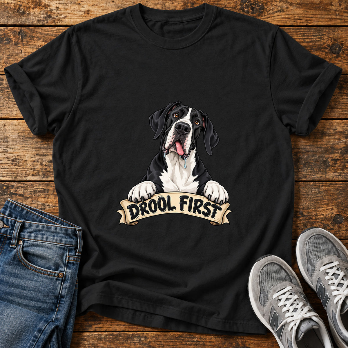 Drool First Great Dane graphic T-shirt in Black, shown on a flat-lay shirt mockup