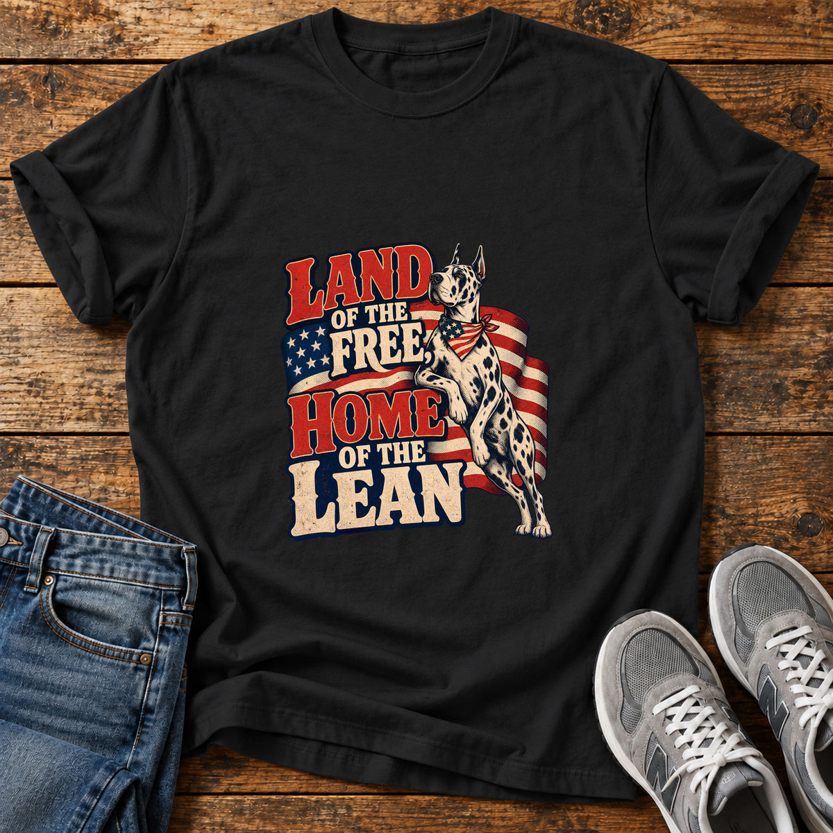 Land Of Lean Great Dane graphic T-shirt in Black, shown on a flat-lay shirt mockup