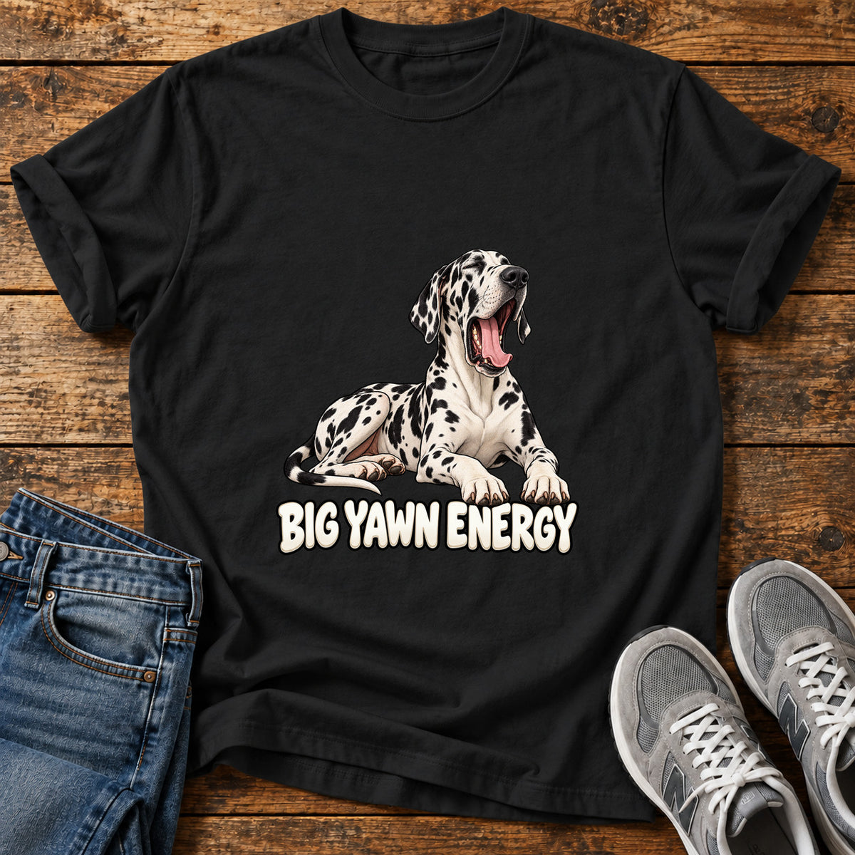 Big Yawn Energy Great Dane graphic T-shirt in Black, shown on a flat-lay shirt mockup