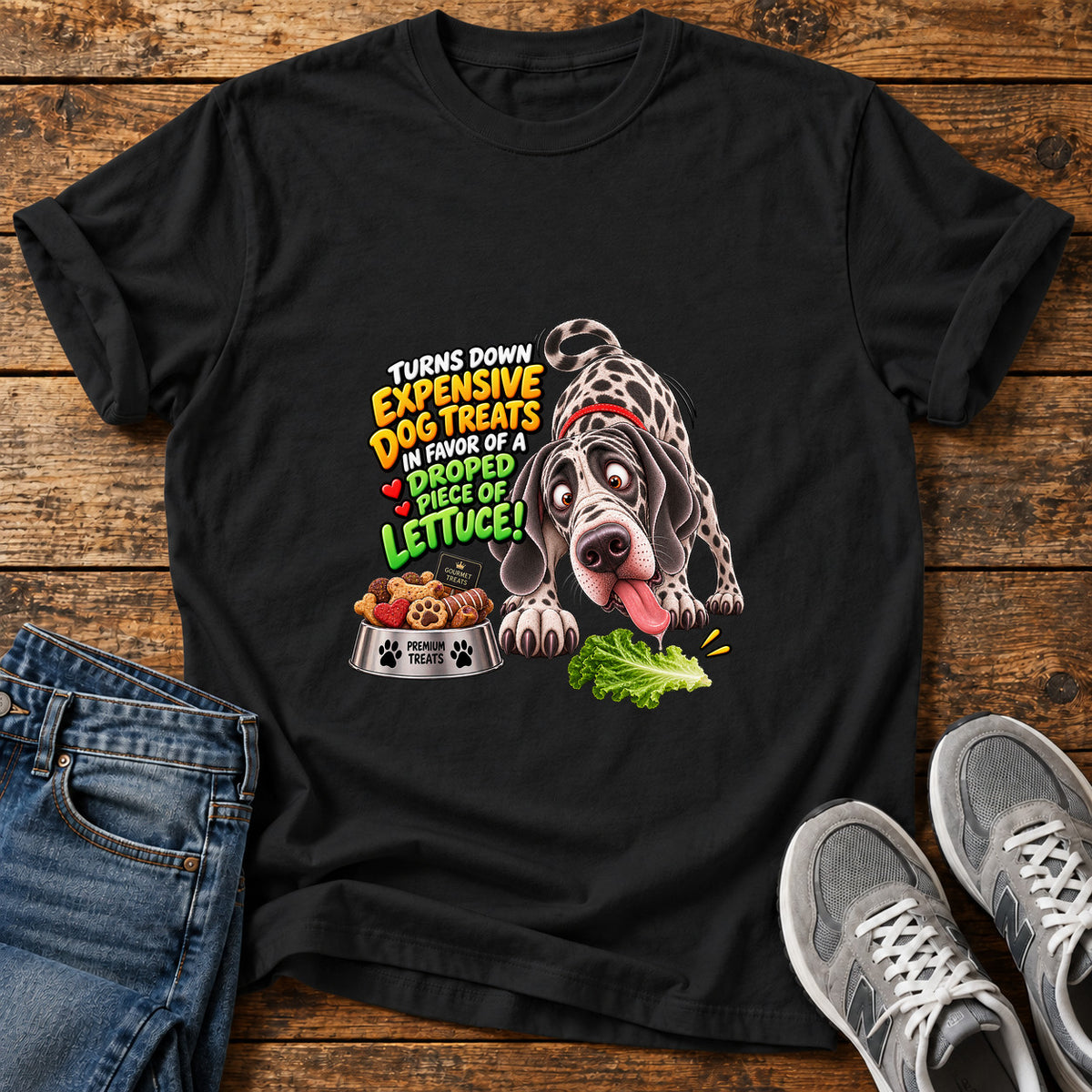 Dog's Lettuce Love Great Dane graphic T-shirt in Black, shown on a flat-lay shirt mockup