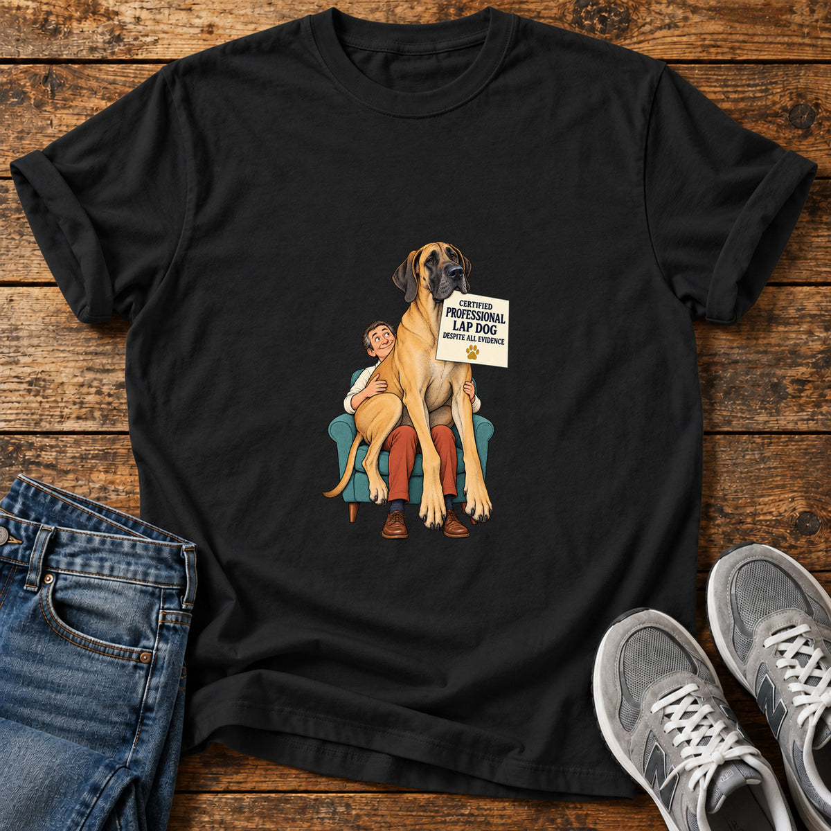 Professional Lap Dog Great Dane graphic T-shirt in Black, shown on a flat-lay shirt mockup