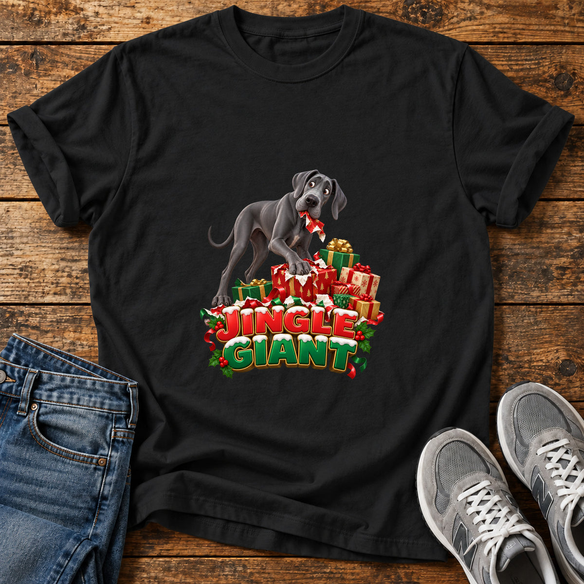 Jingle Giant Great Dane graphic T-shirt in Black, shown on a flat-lay shirt mockup