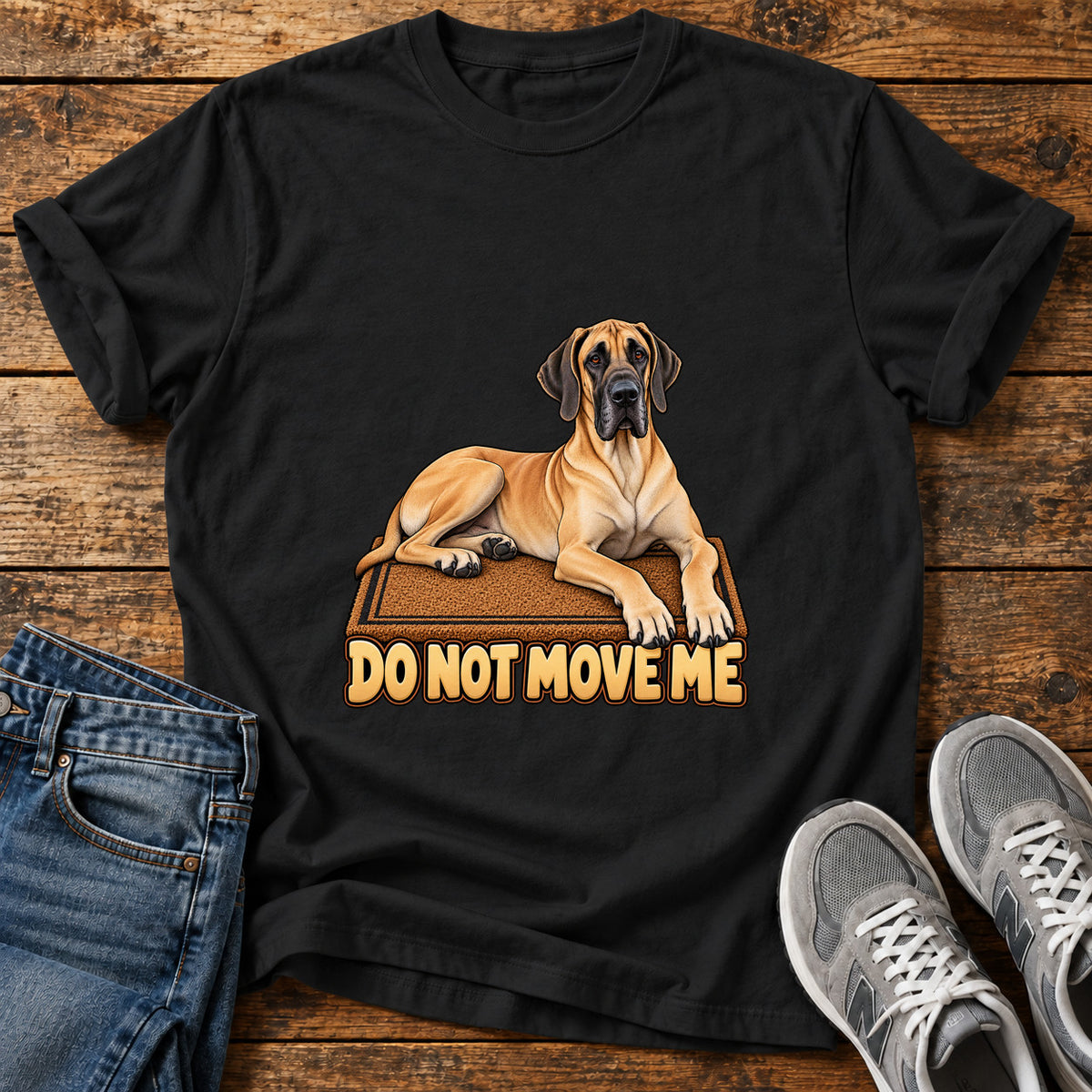 Do Not Move Great Dane graphic T-shirt in Black, shown on a flat-lay shirt mockup