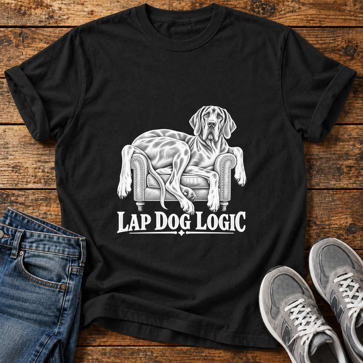 Lap Dog Logic Great Dane graphic T-shirt in Black, shown on a flat-lay shirt mockup