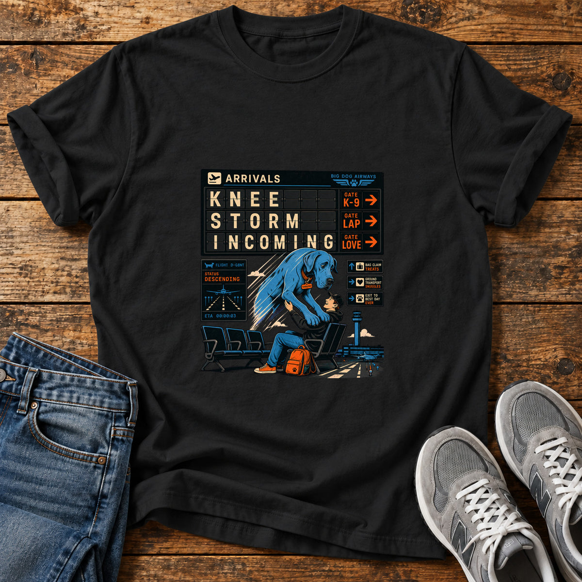 Knee Storm Incoming Great Dane graphic T-shirt in Black, shown on a flat-lay shirt mockup