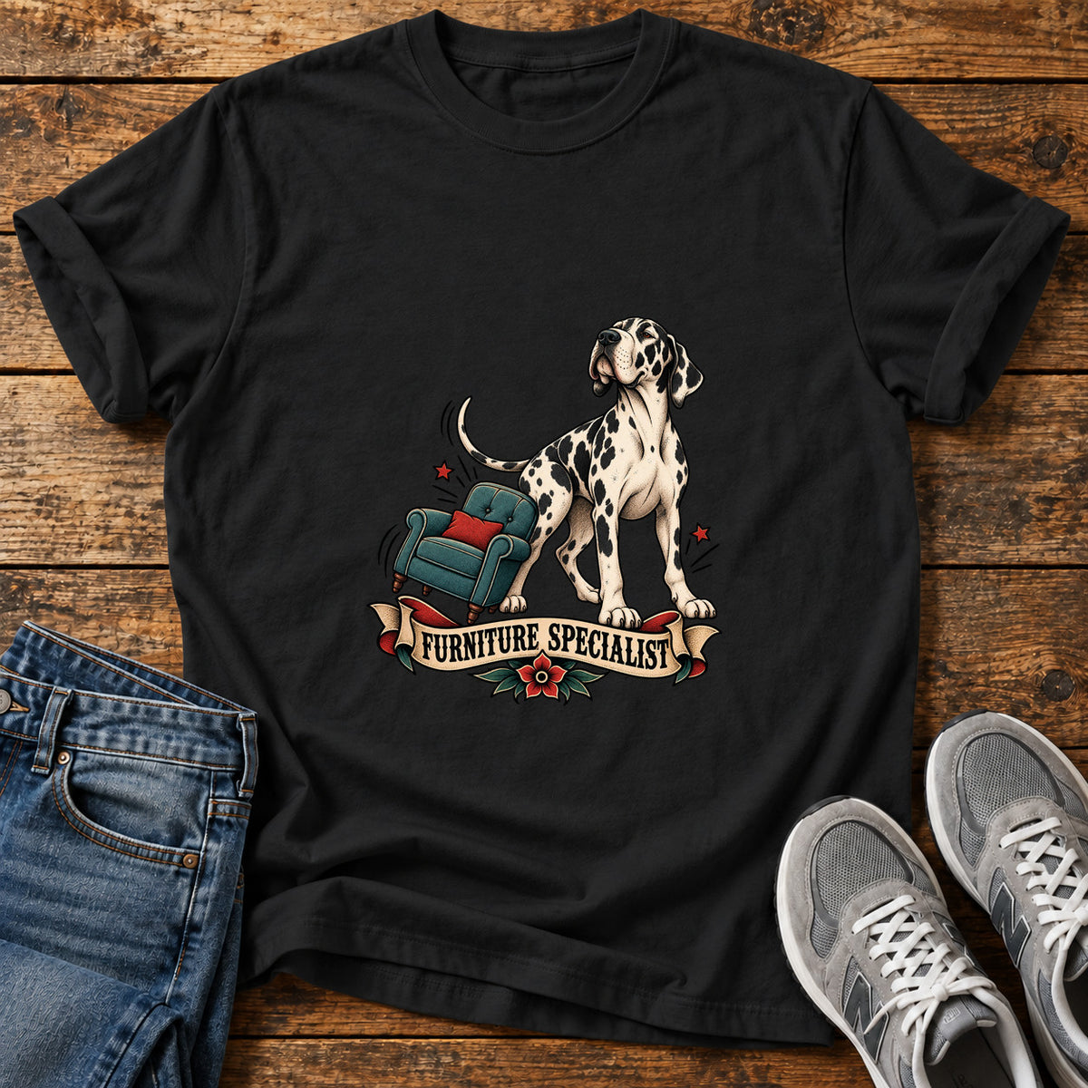 Furniture Specialist Great Dane graphic T-shirt in Black, shown on a flat-lay shirt mockup