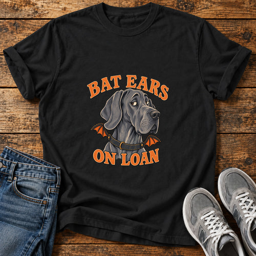 Bat Ears Loan Great Dane graphic T-shirt in Black, shown on a flat-lay shirt mockup