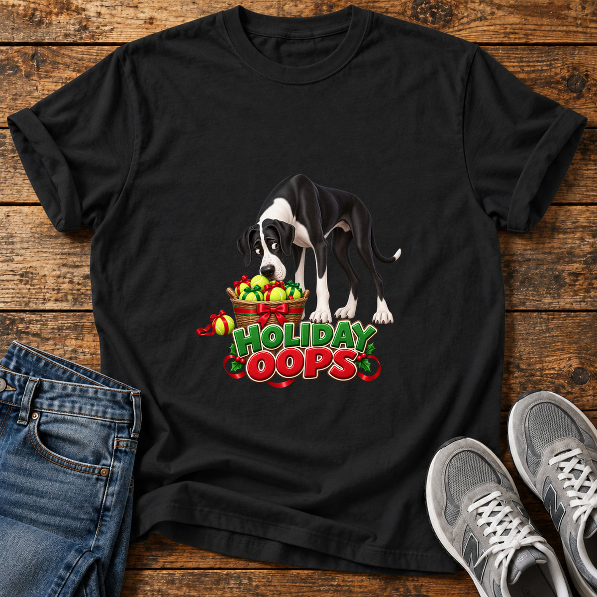 Holiday Oops Great Dane graphic T-shirt in Black, shown on a flat-lay shirt mockup