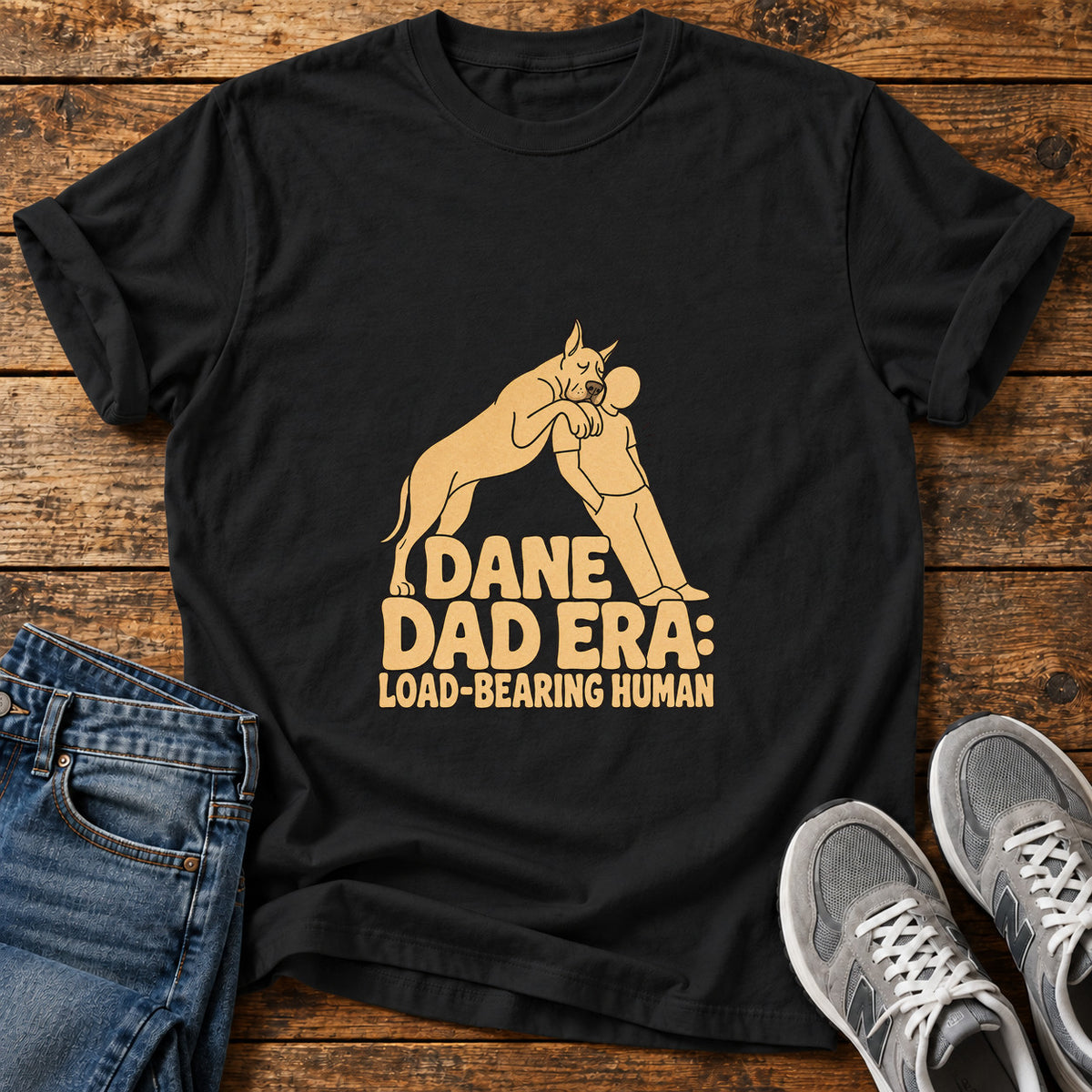 Dane Dad Era Great Dane graphic T-shirt in Black, shown on a flat-lay shirt mockup