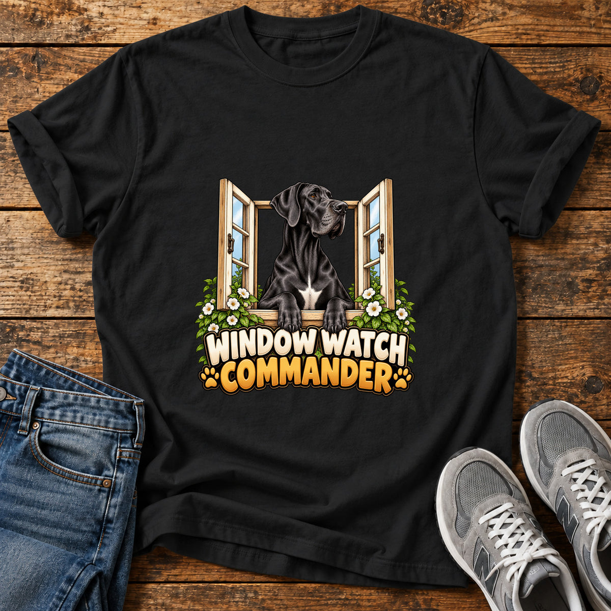 Window Watch Commander Great Dane graphic T-shirt in Black, shown on a flat-lay shirt mockup