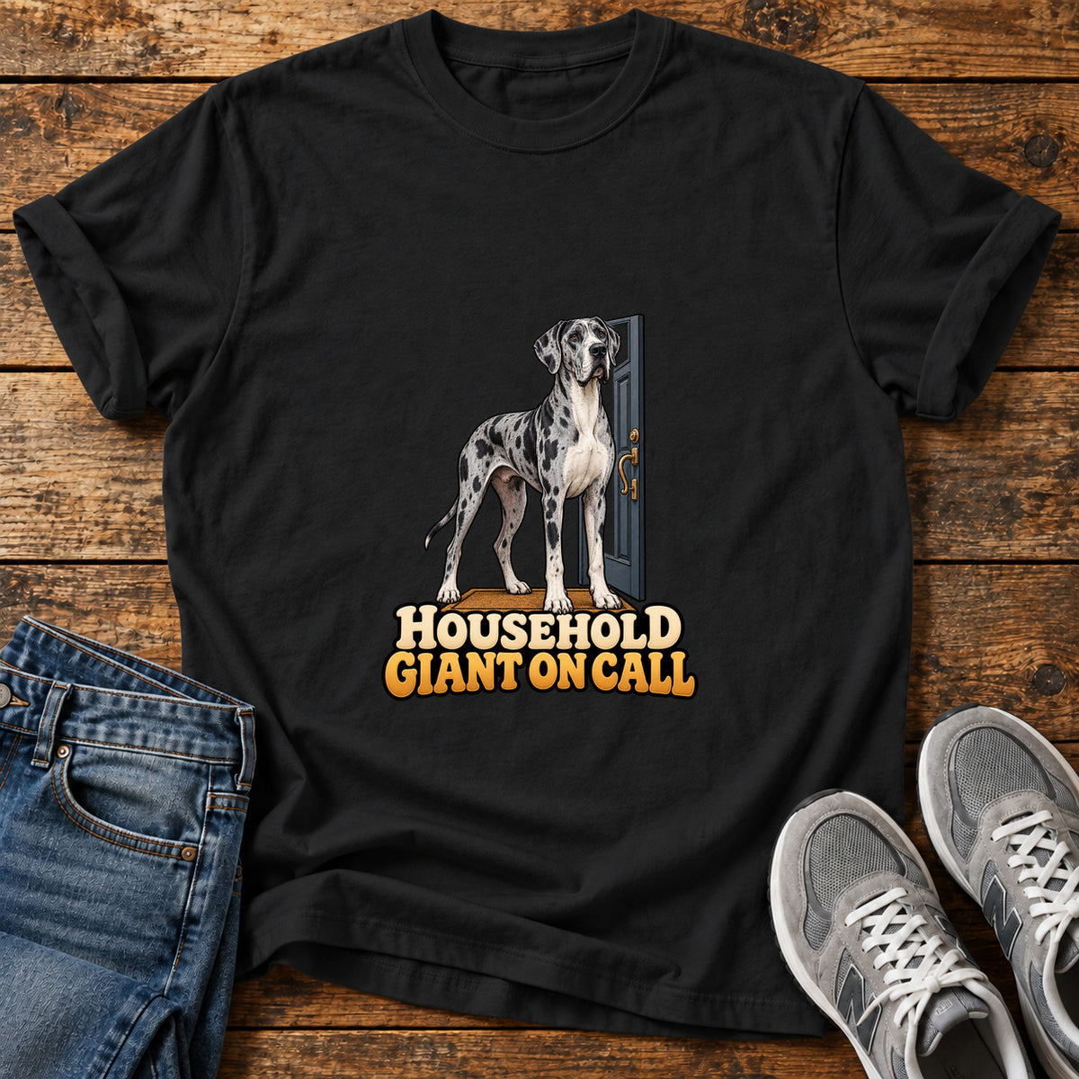 Household Giant Great Dane graphic T-shirt in Black, shown on a flat-lay shirt mockup