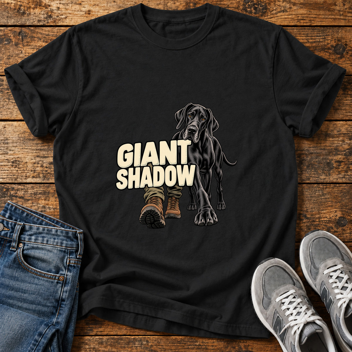 Giant Shadow Great Dane graphic T-shirt in Black, shown on a flat-lay shirt mockup