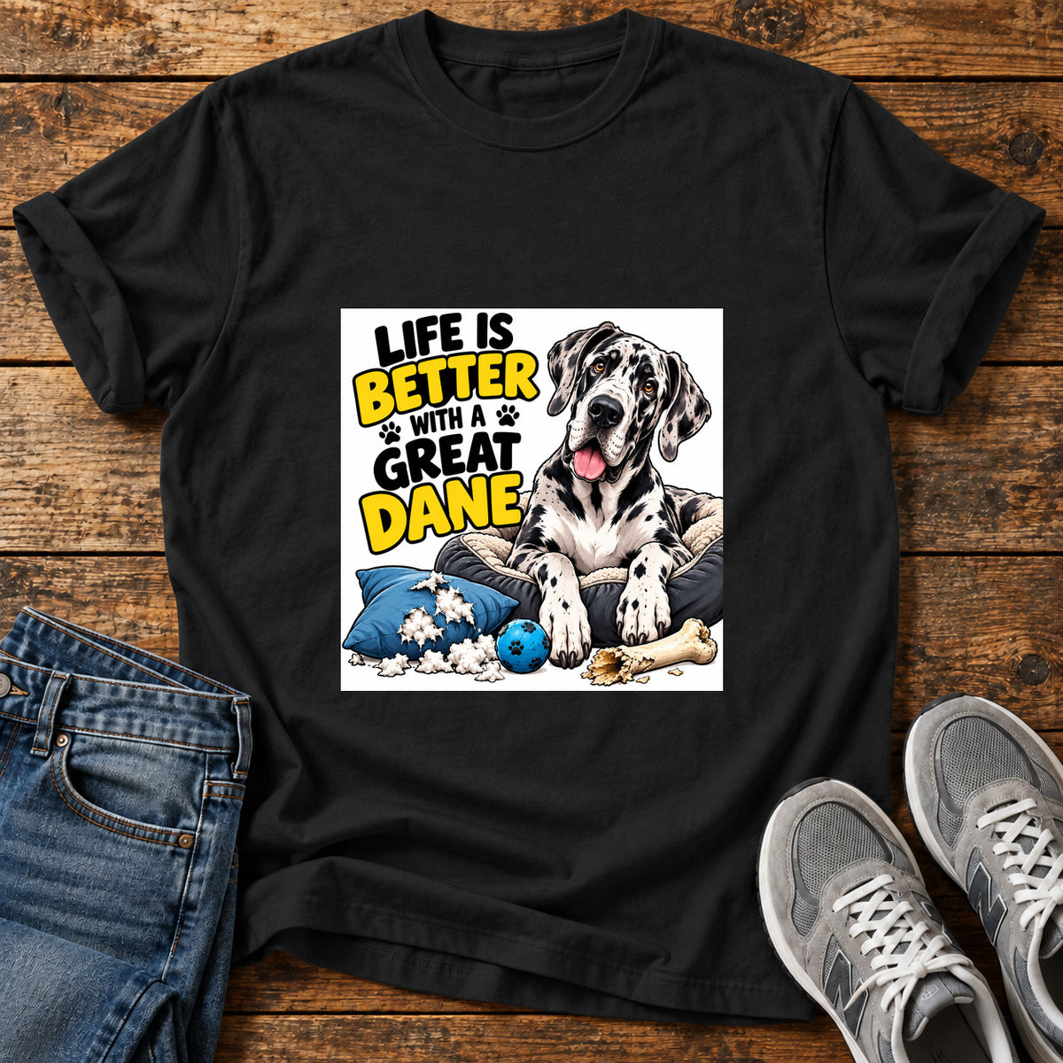 Great Dane Life graphic T-shirt in Black, shown on a flat-lay shirt mockup
